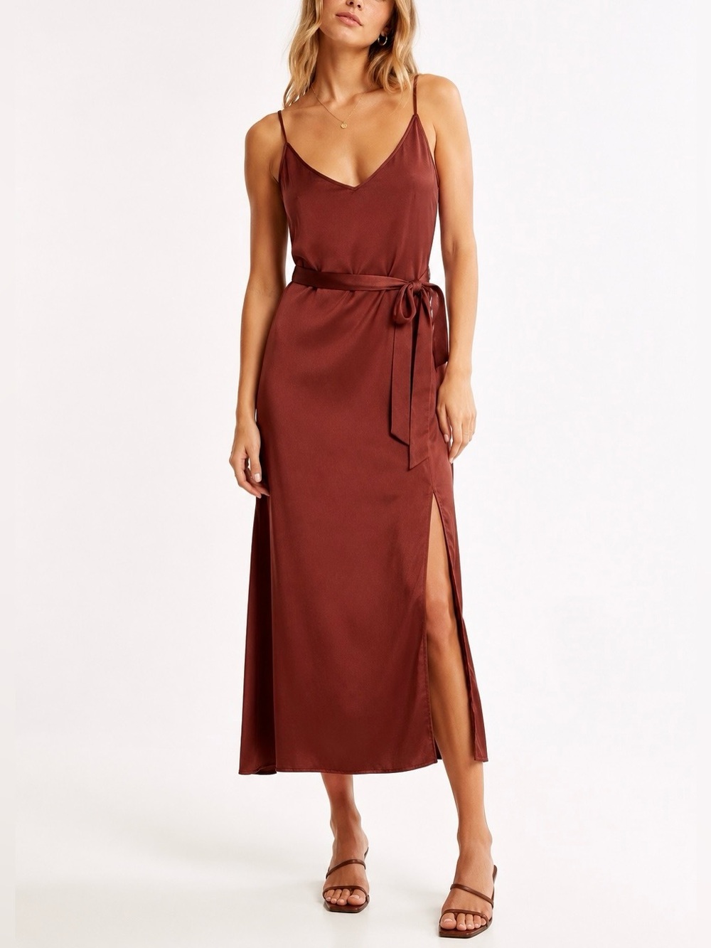Abercrombie and Fitch Satin Belted Midi Slip Dress Terracotta 90s Tall L Classic